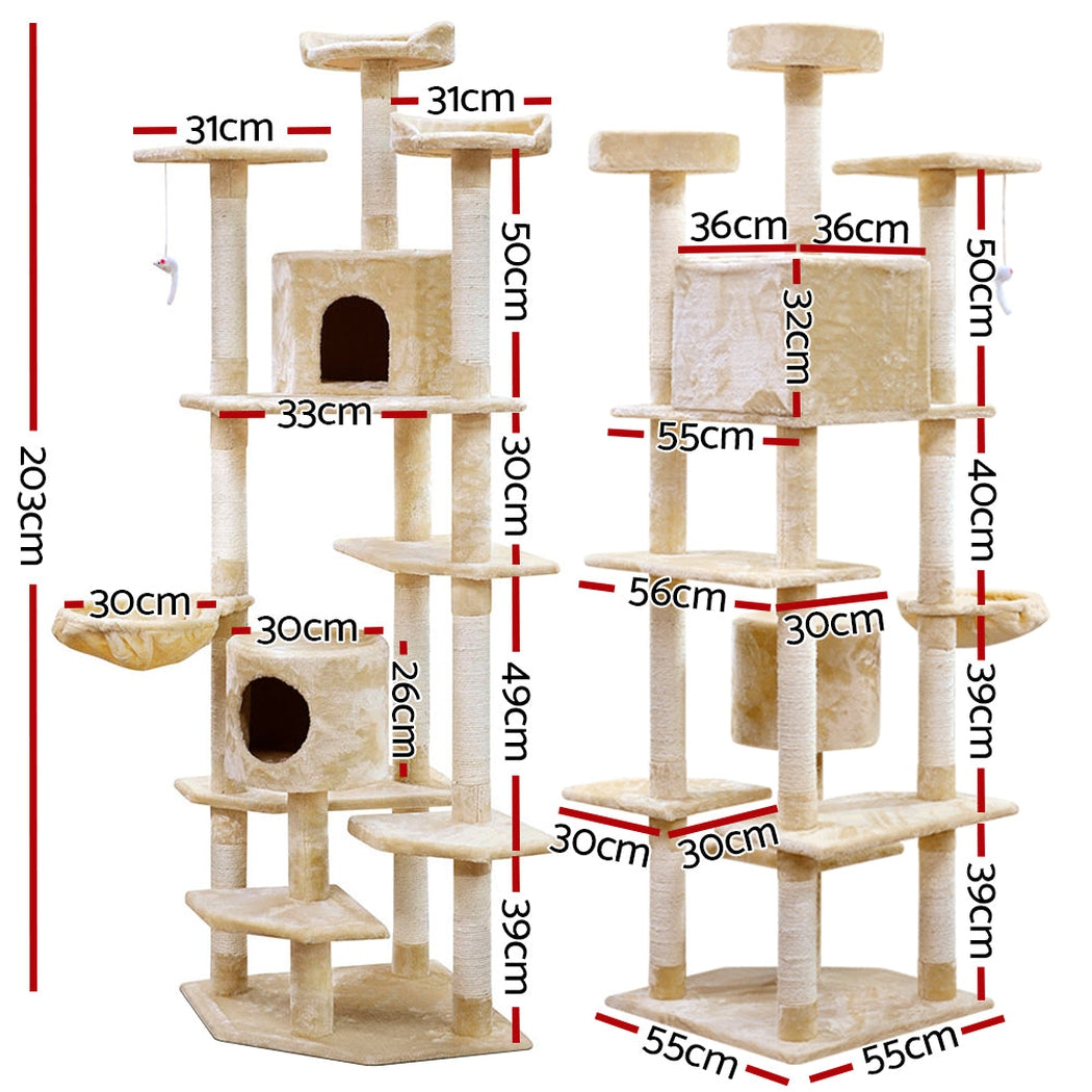 i.Pet Cat Tree 203cm Trees Scratching Post Scratcher Tower Condo House Furniture Wood Beige i.Pet