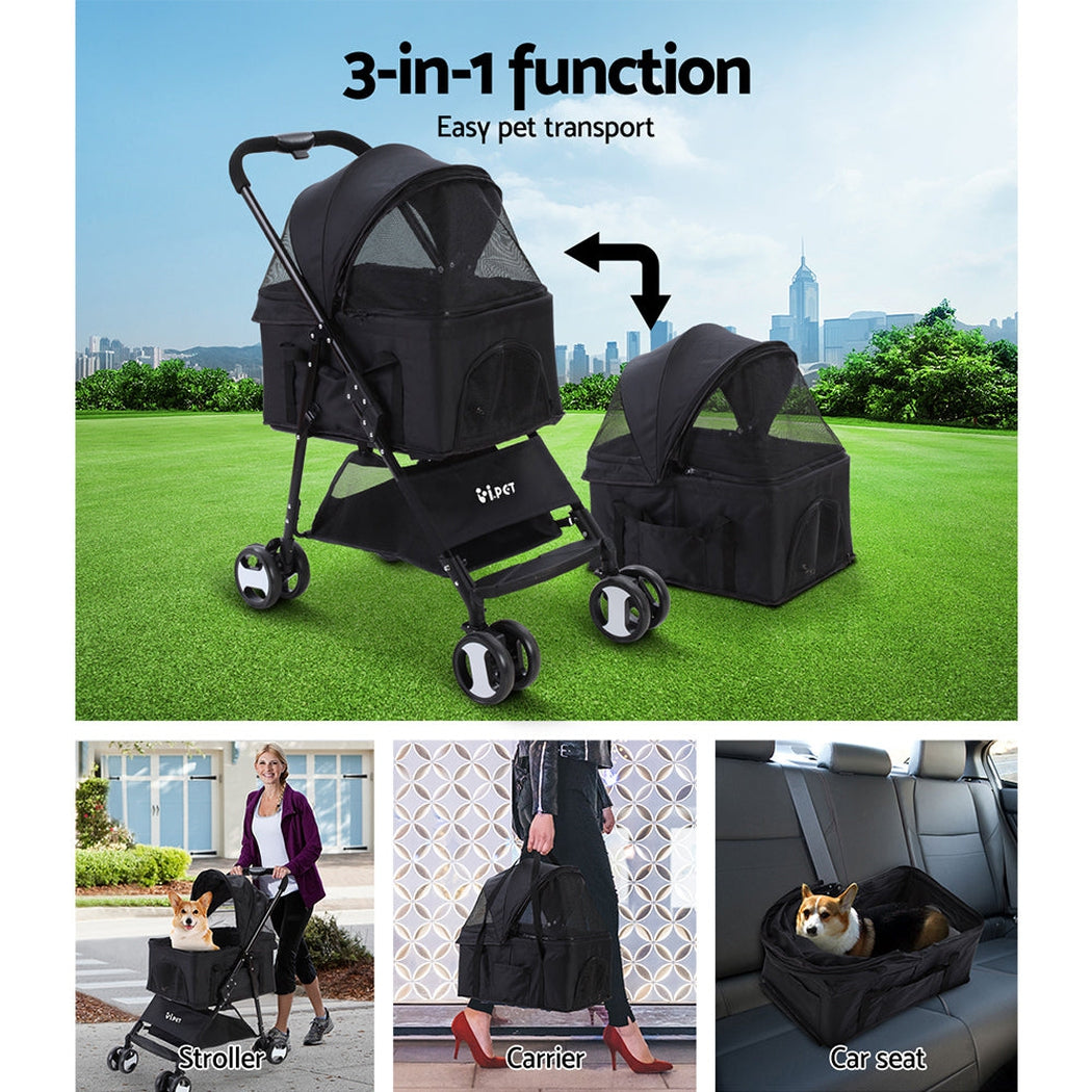 i.Pet Pet Stroller Dog Carrier Foldable Pram 3 In 1 Middle Size Black i.Pet