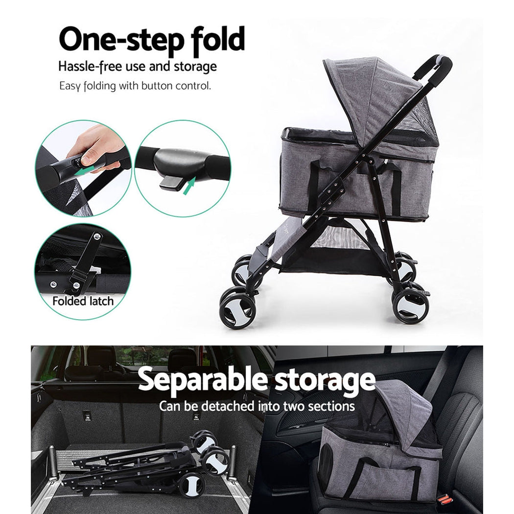 i.Pet Pet Stroller Dog Carrier Foldable Pram 3 In 1 Middle Size Grey i.Pet