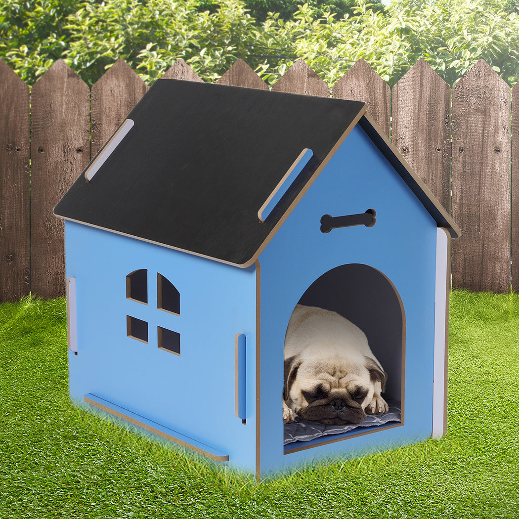 Wooden Dog House Pet Kennel Timber Indoor Cabin Large Blue L PaWz
