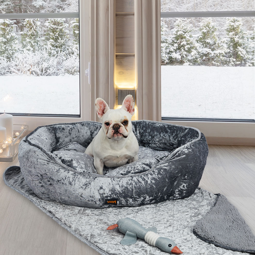 PaWz Pet Bed Set Dog Cat Quilted Blanket Squeaky Toy Calming Warm Soft Nest Grey L PaWz