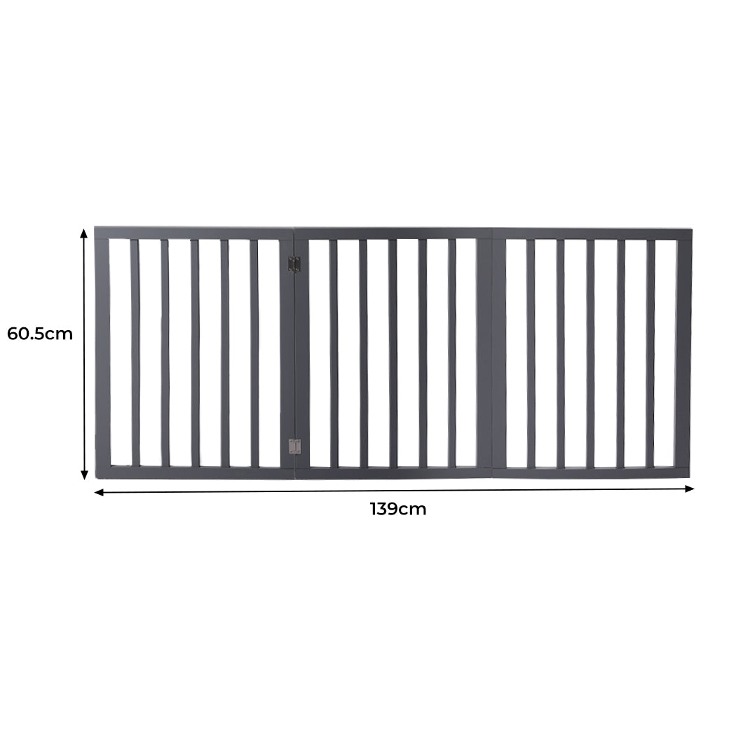 Wooden Pet Gate Dog Fence Retractable Barrier Portable Door 3 Panel Grey PaWz