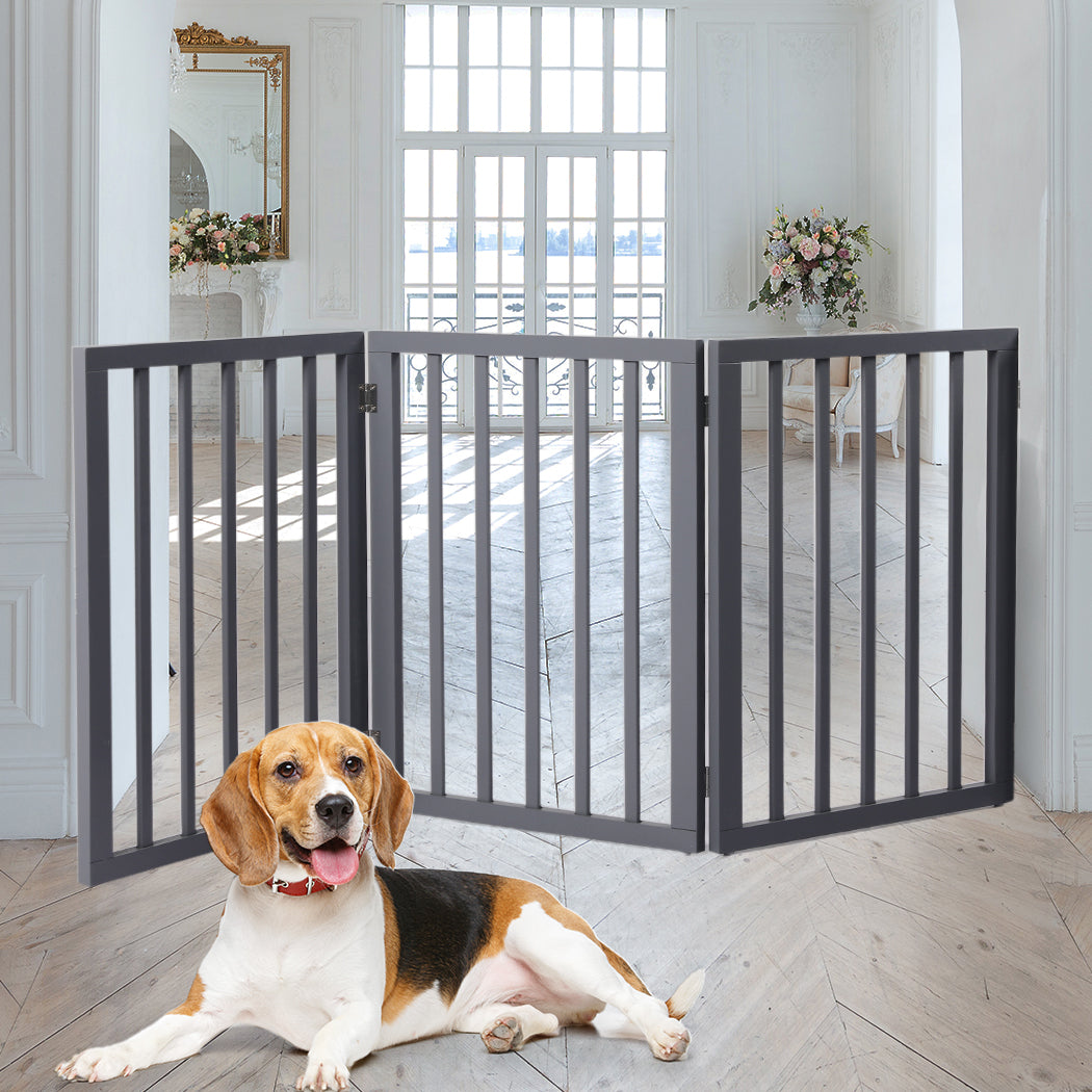 Wooden Pet Gate Dog Fence Retractable Barrier Portable Door 3 Panel Grey PaWz