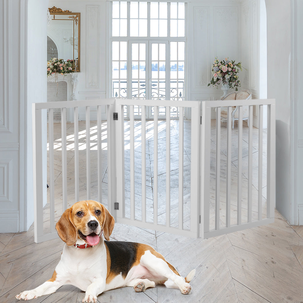 Wooden Pet Gate Dog Fence Retractable Barrier Portable Door 3 Panel White PaWz