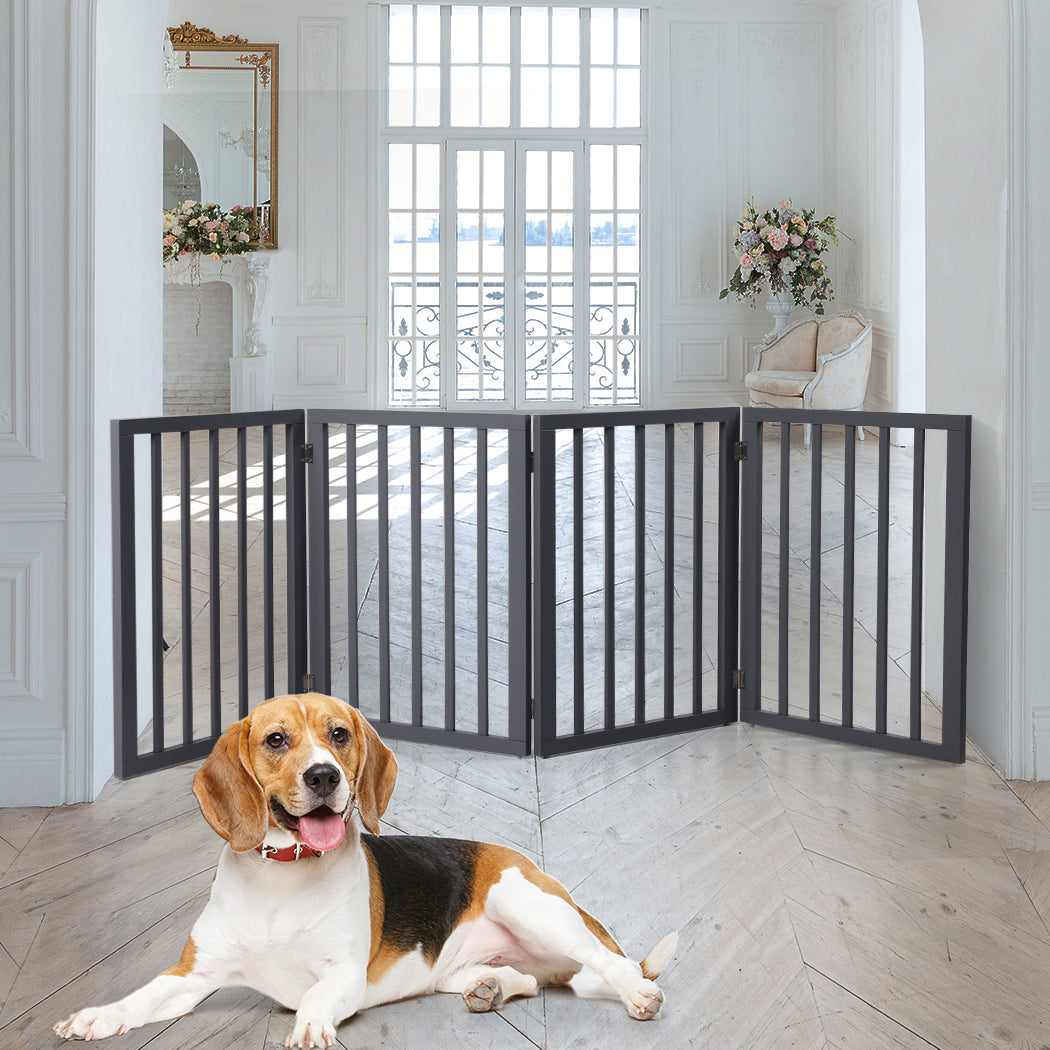 Wooden Pet Gate Dog Fence Retractable Barrier Portable Door 4 Panel Grey PaWz
