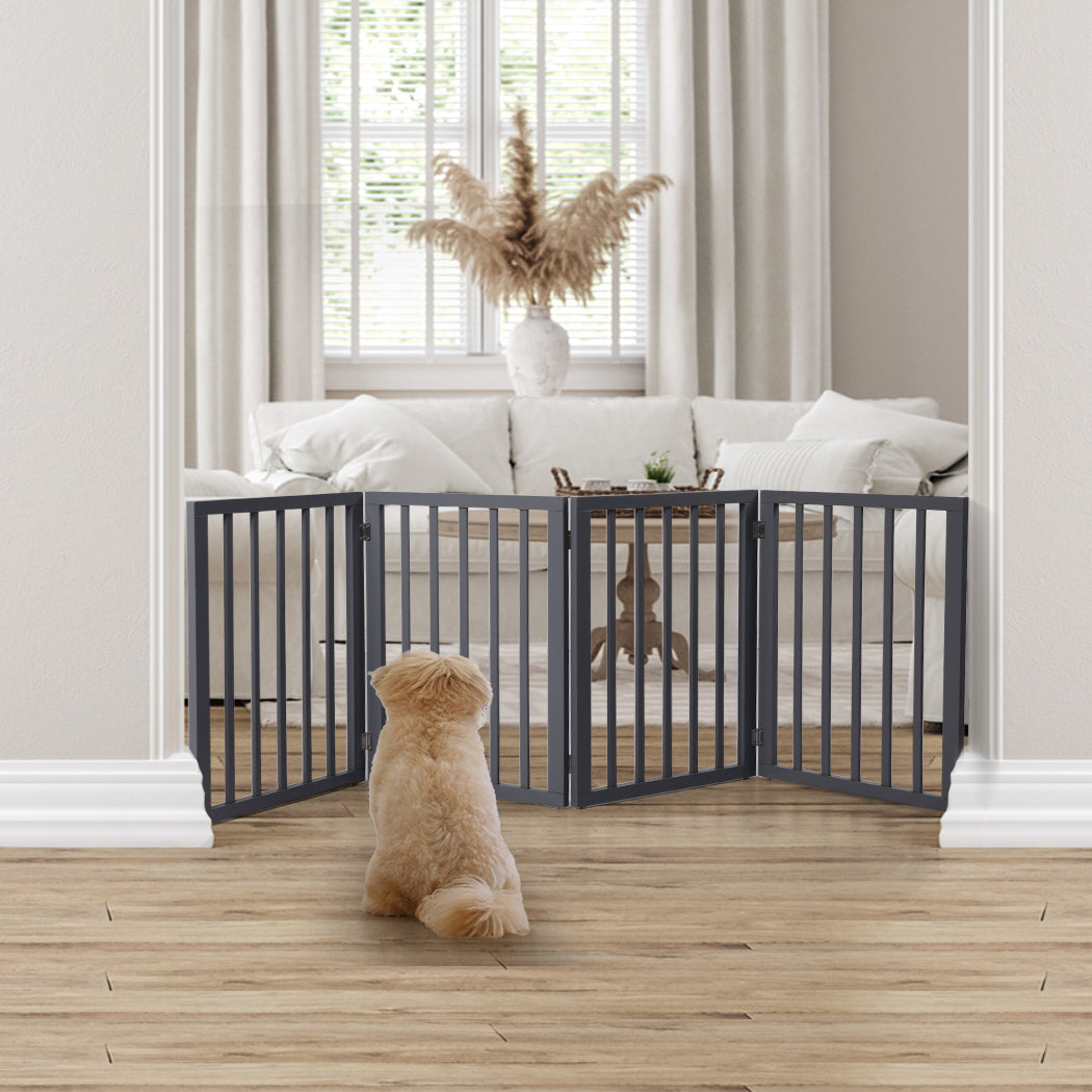 Wooden Pet Gate Dog Fence Retractable Barrier Portable Door 4 Panel Grey PaWz