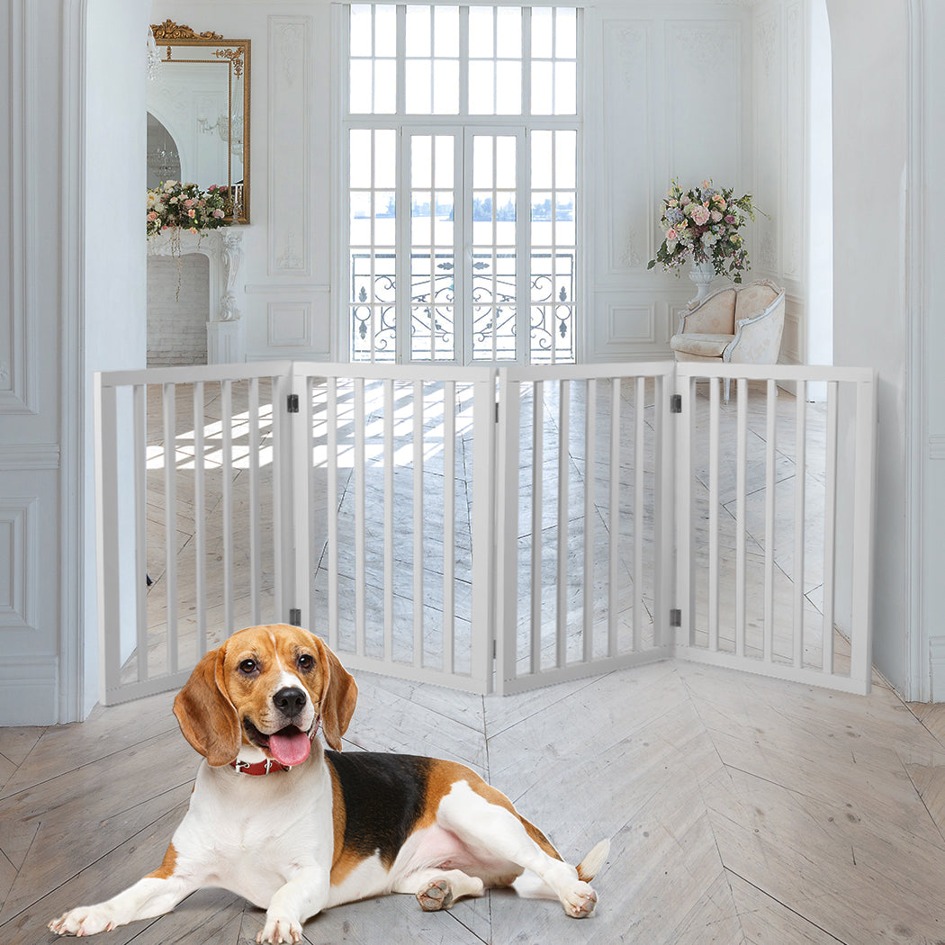 Wooden Pet Gate Dog Fence Retractable Barrier Portable Door 4 Panel White PaWz