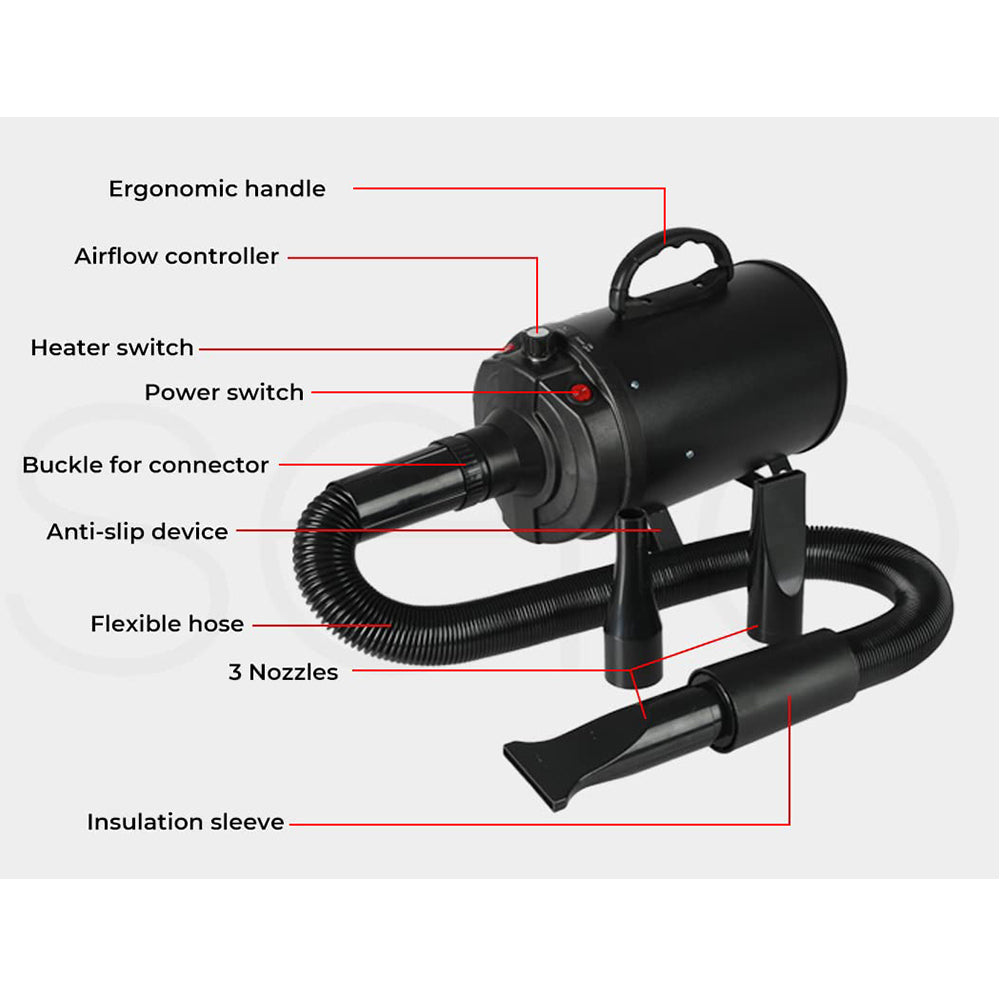 2800W Dog Dryer High Velocity Pet Dog Pet Blow Dryer Adjustable Speed 4 Nozzles Black Unbranded