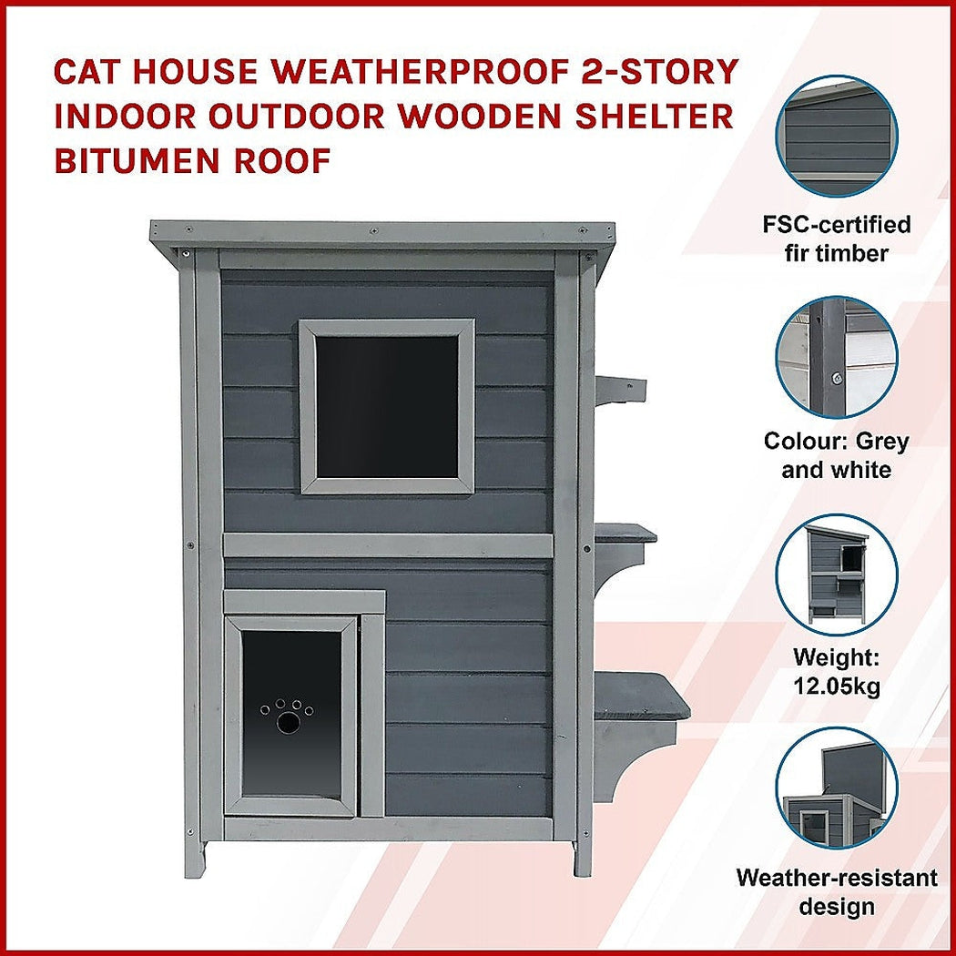 Cat House Weatherproof 2-Story Indoor Outdoor Wooden Shelter Bitumen Roof Unbranded