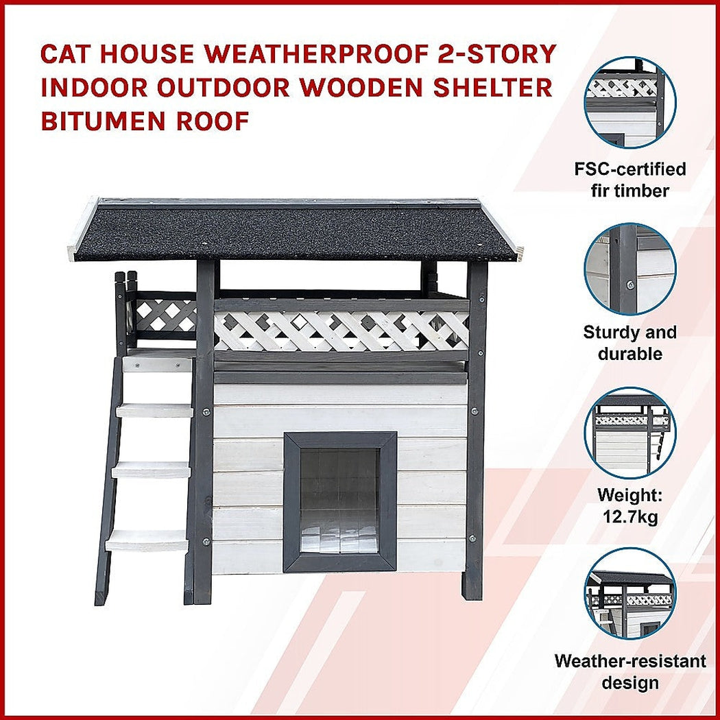 Cat House Weatherproof 2-Story Indoor Outdoor Wooden Shelter Bitumen Roof Unbranded