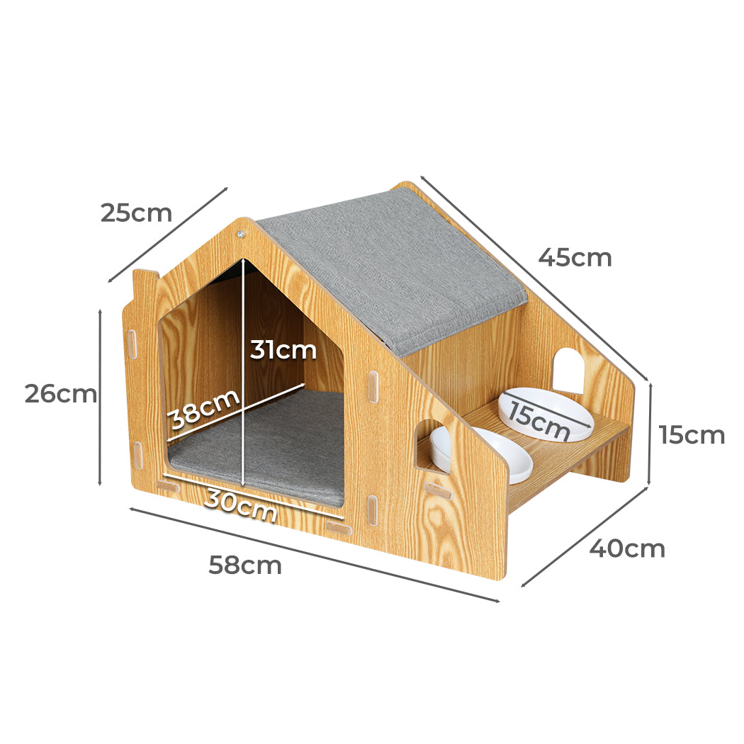 PaWz Wooden Pet House Cat Kennel Elevated Double Feeder Raised Feeding Bowls Petsleisure