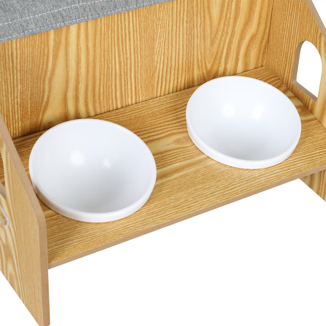 PaWz Wooden Pet House Cat Kennel Elevated Double Feeder Raised Feeding Bowls Petsleisure