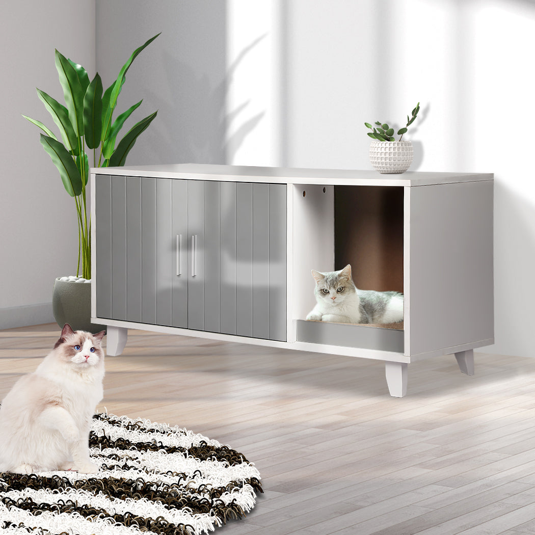 PaWz Enclosed Hooded Cat Litter Box Furniture Scratch Board Pet House Table Grey PaWz