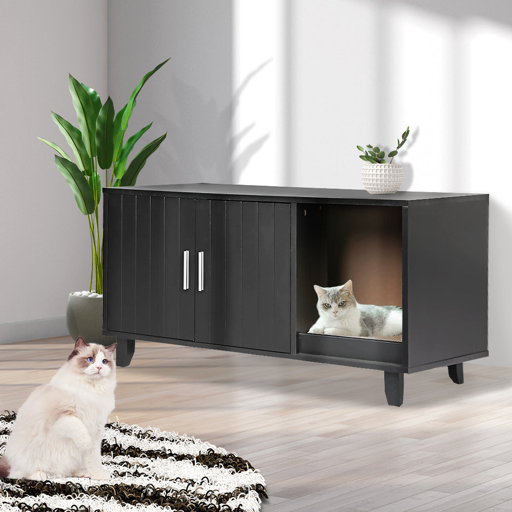 PaWz Enclosed Hooded Cat Litter Box Furniture Scratch Board Side Table Black PaWz
