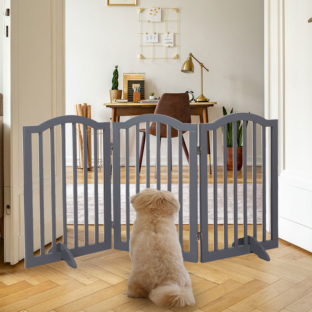 PaWz Wooden Pet Gate Dog Fence Safety Stair Barrier Security Door 3 Panels Grey PaWz
