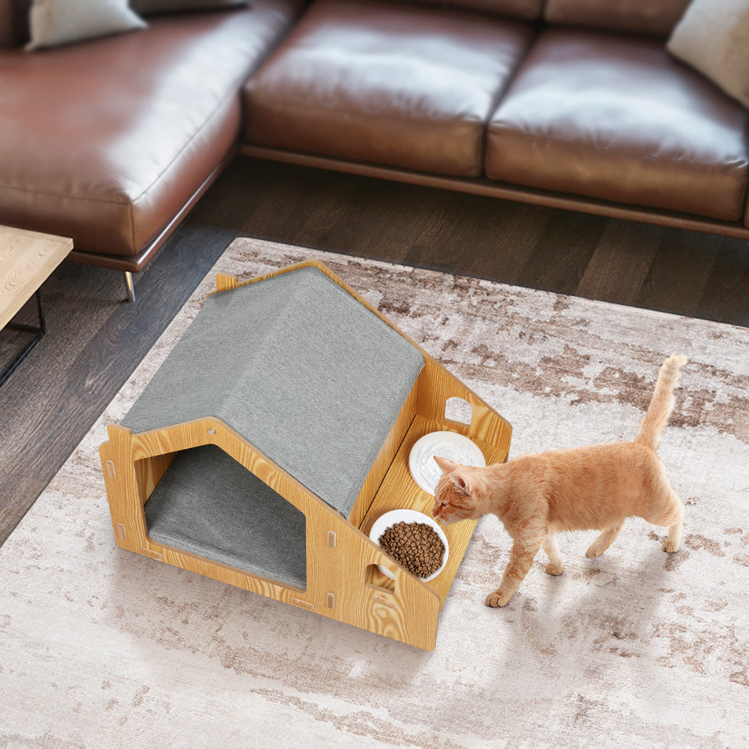 PaWz Wooden Pet House Cat Kennel Elevated Double Feeder Raised Feeding Bowls Petsleisure