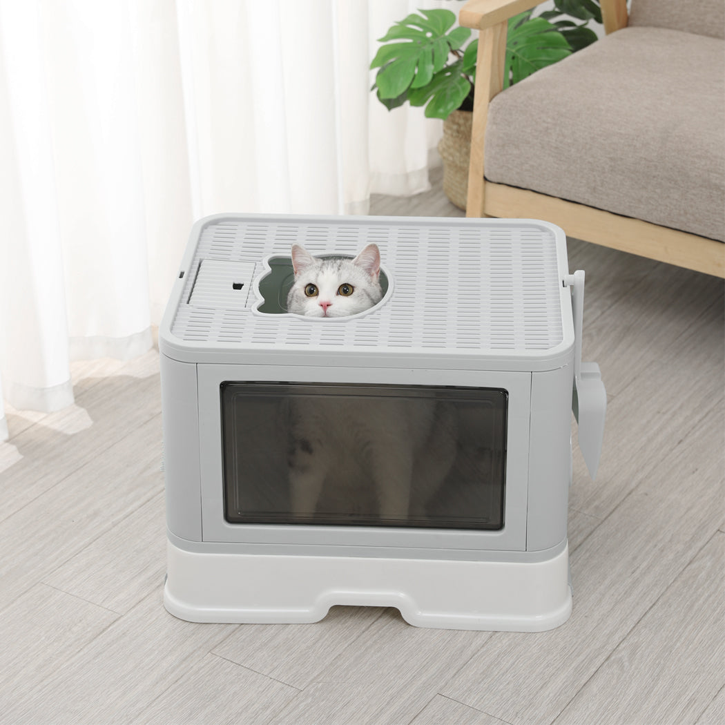 PaWz Foldable Cat Litter Box Tray Enclosed Kitty Toilet Hood Hair Grooming Grey PaWz