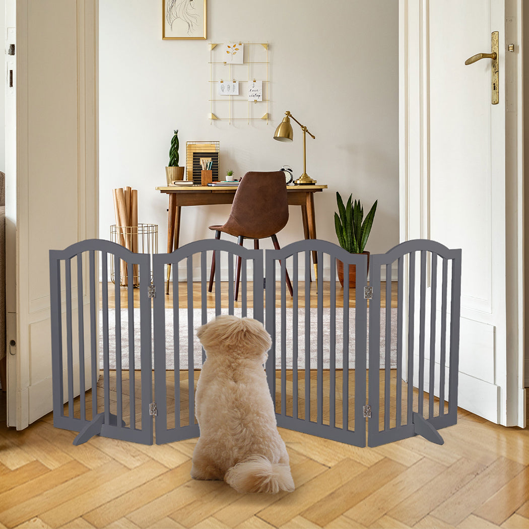 PaWz Wooden Pet Gate Dog Fence Safety Stair Barrier Security Door 4 Panels Grey Petsleisure