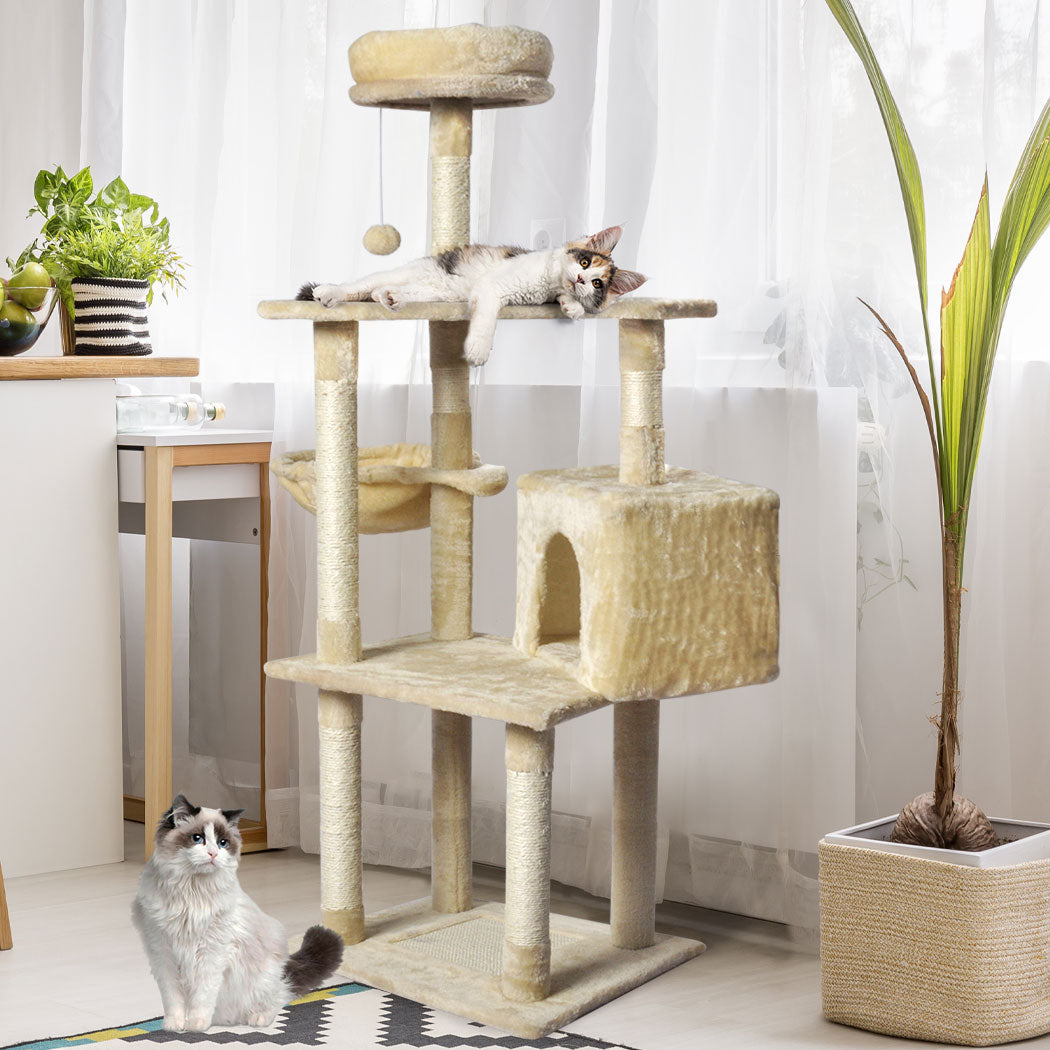 PaWz Cat Tree Toy Scratching Post Scratcher Tower Condo Wooden House Cream 130cm PaWz