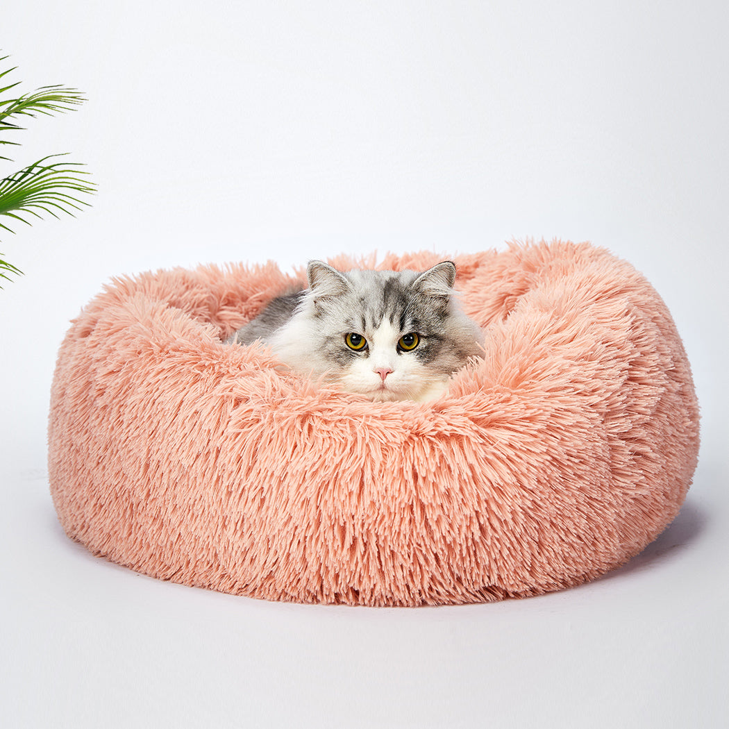Pet Bed Cat Dog Donut Nest Calming Kennel Cave Deep Sleeping Pink L PaWz