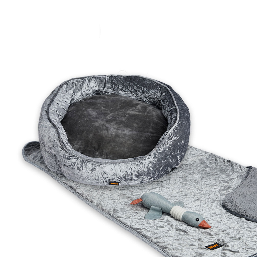 PaWz Pet Bed Set Dog Cat Quilted Blanket Squeaky Toy Calming Warm Soft Nest Grey L PaWz