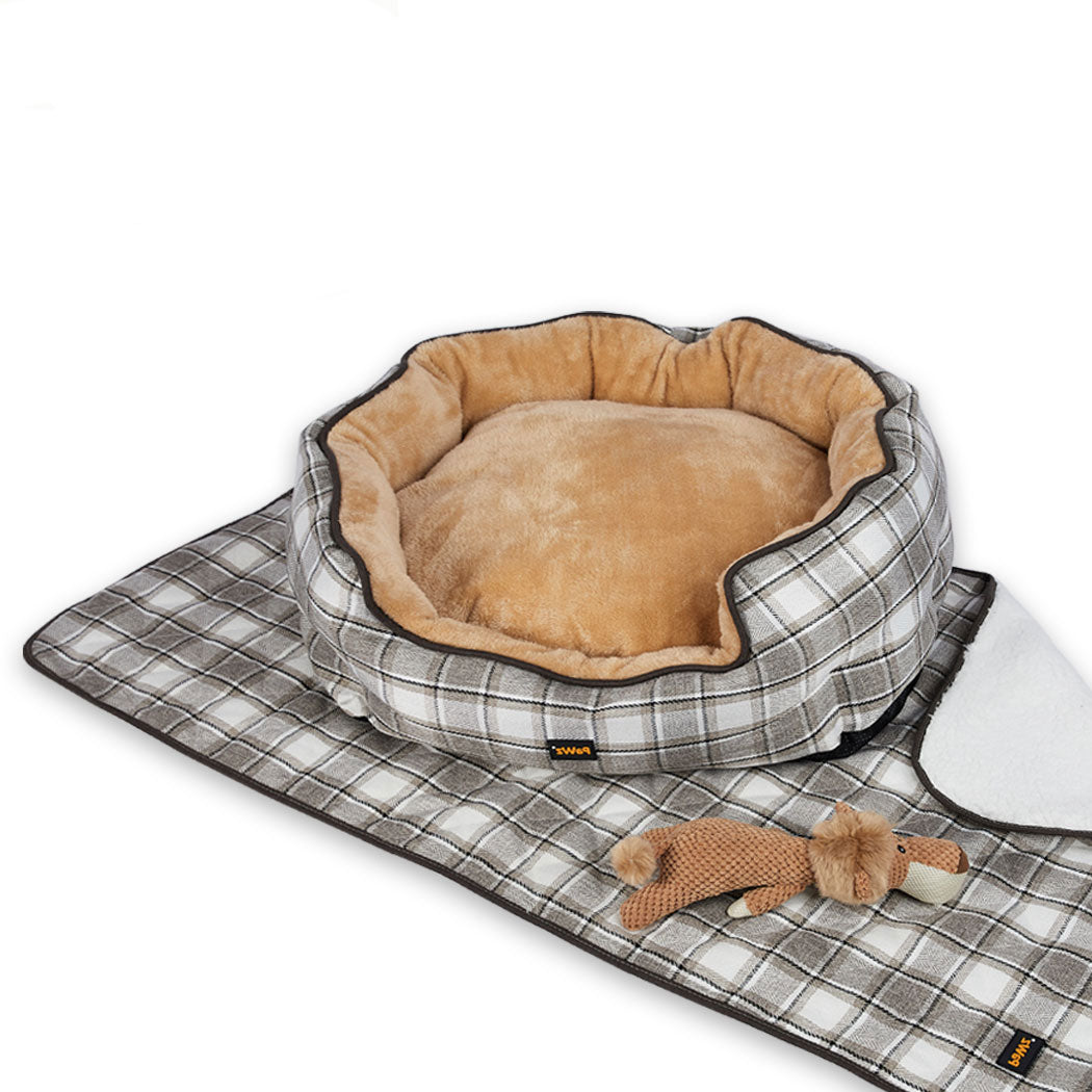PaWz Pet Bed Set Dog Cat Quilted Blanket Squeaky Toy Calming Warm Soft Nest Checkered XL PaWz