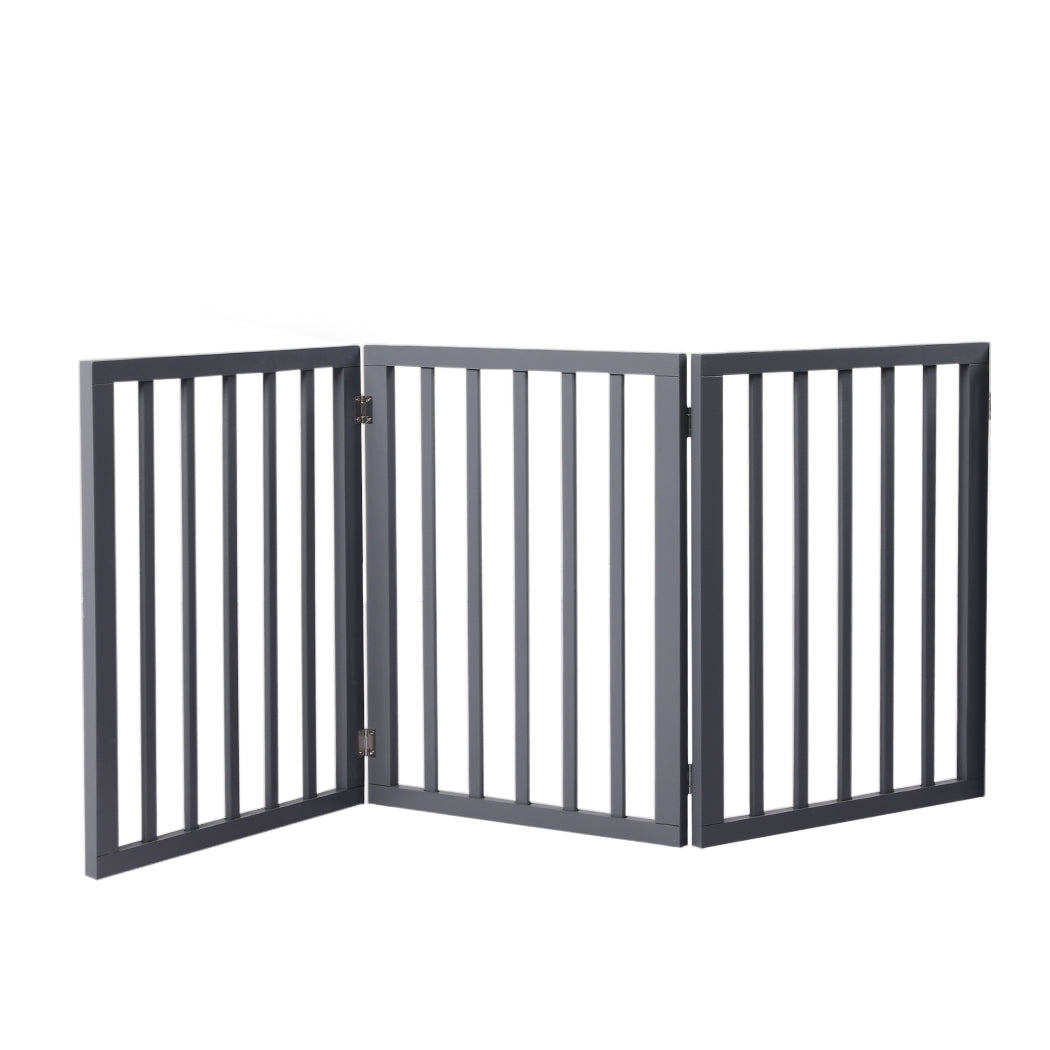 Wooden Pet Gate Dog Fence Retractable Barrier Portable Door 3 Panel Grey PaWz