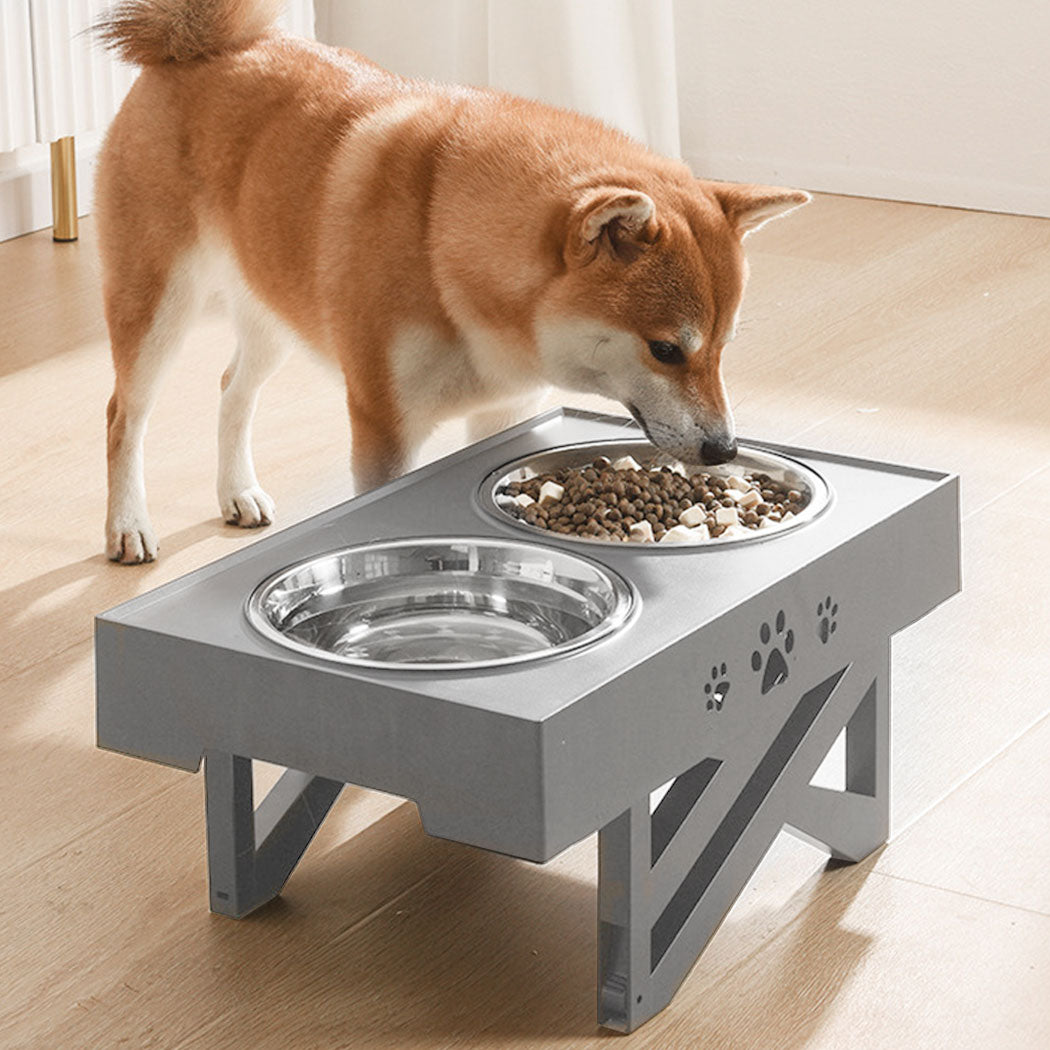 PaWz Elevated Pet Feeder Food Water Double Bowls Adjustable Height Raised Grey PaWz